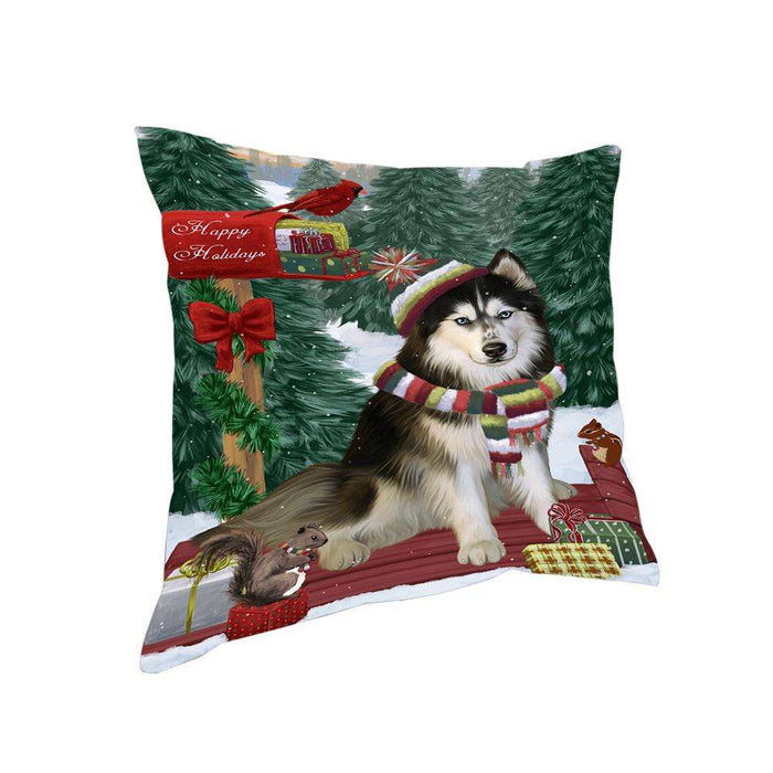 Merry Christmas Woodland Sled Siberian Husky Dog Pillow PIL77448