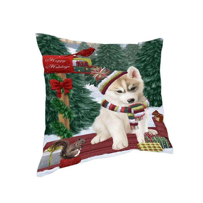Merry Christmas Woodland Sled Siberian Husky Dog Pillow PIL77452
