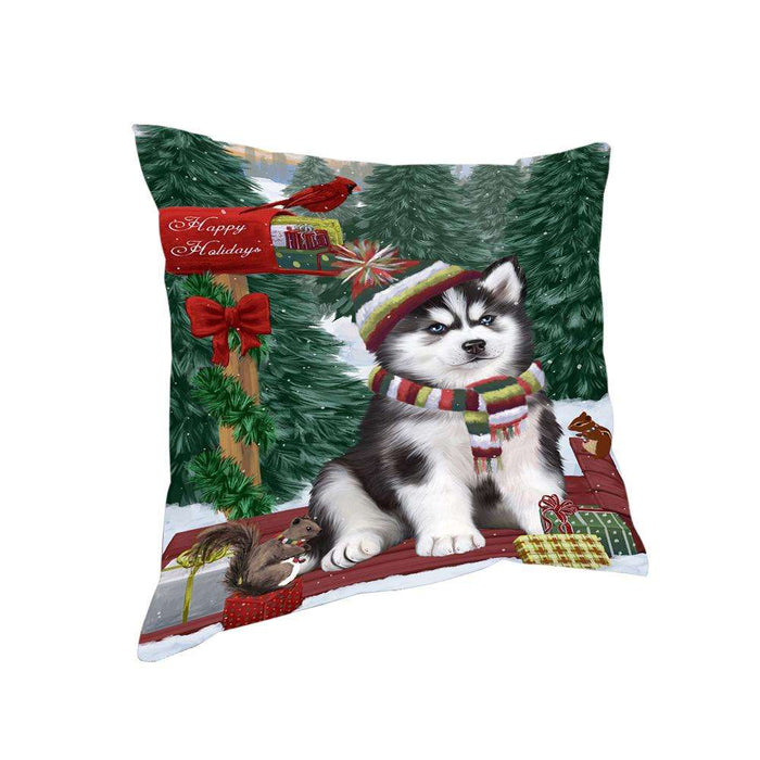 Merry Christmas Woodland Sled Siberian Husky Dog Pillow PIL77456