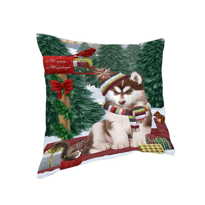 Merry Christmas Woodland Sled Siberian Husky Dog Pillow PIL77460