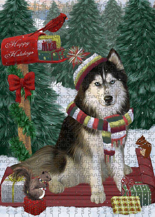 Merry Christmas Woodland Sled Siberian Husky Dog Puzzle with Photo Tin PUZL88256