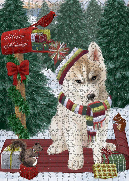 Merry Christmas Woodland Sled Siberian Husky Dog Puzzle with Photo Tin PUZL88260