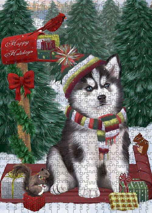 Merry Christmas Woodland Sled Siberian Husky Dog Puzzle with Photo Tin PUZL88264