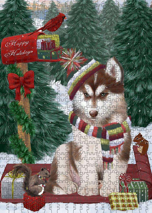 Merry Christmas Woodland Sled Siberian Husky Dog Puzzle with Photo Tin PUZL88268