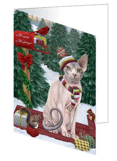 Merry Christmas Woodland Sled Sphynx Cat Handmade Artwork Assorted Pets Greeting Cards and Note Cards with Envelopes for All Occasions and Holiday Seasons GCD69659