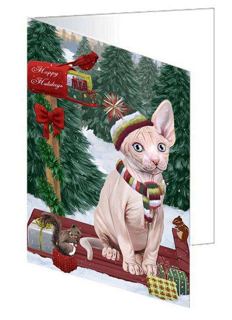 Merry Christmas Woodland Sled Sphynx Cat Handmade Artwork Assorted Pets Greeting Cards and Note Cards with Envelopes for All Occasions and Holiday Seasons GCD69662