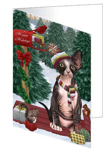 Merry Christmas Woodland Sled Sphynx Cat Handmade Artwork Assorted Pets Greeting Cards and Note Cards with Envelopes for All Occasions and Holiday Seasons GCD69665