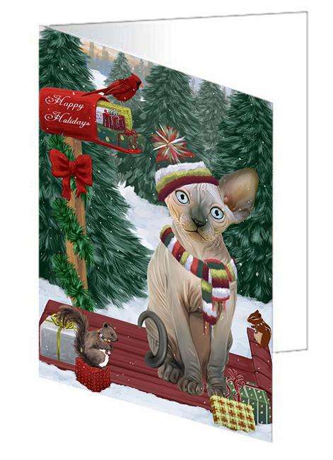Merry Christmas Woodland Sled Sphynx Cat Handmade Artwork Assorted Pets Greeting Cards and Note Cards with Envelopes for All Occasions and Holiday Seasons GCD69668