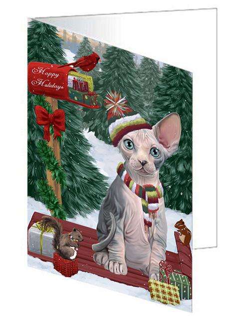 Merry Christmas Woodland Sled Sphynx Cat Handmade Artwork Assorted Pets Greeting Cards and Note Cards with Envelopes for All Occasions and Holiday Seasons GCD69671