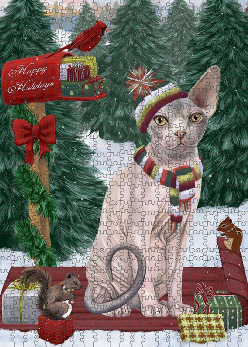 Merry Christmas Woodland Sled Sphynx Cat Puzzle with Photo Tin PUZL88272