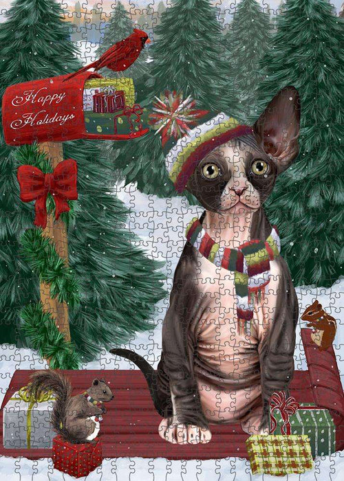 Merry Christmas Woodland Sled Sphynx Cat Puzzle with Photo Tin PUZL88280