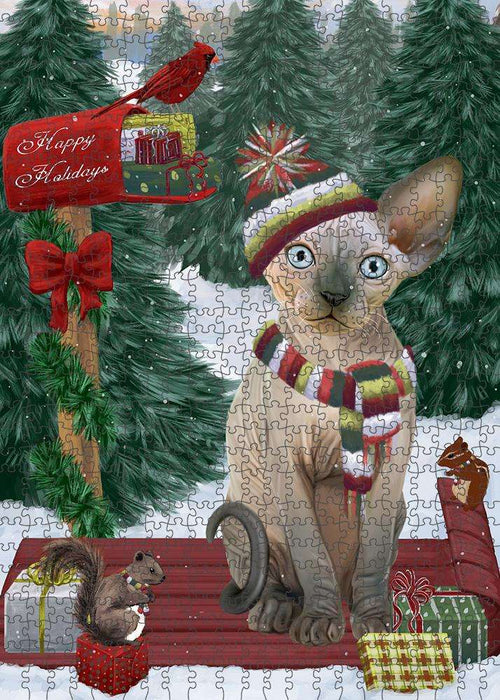 Merry Christmas Woodland Sled Sphynx Cat Puzzle with Photo Tin PUZL88284