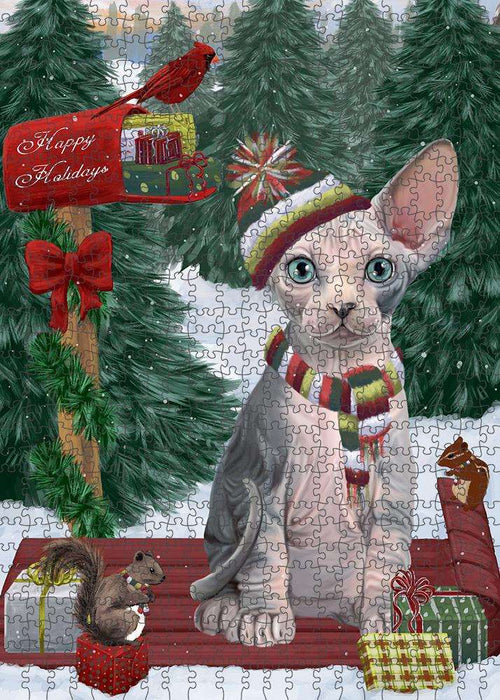 Merry Christmas Woodland Sled Sphynx Cat Puzzle with Photo Tin PUZL88288