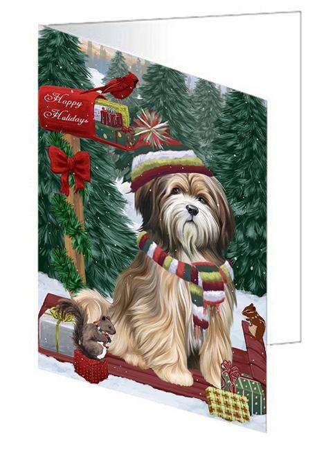Merry Christmas Woodland Sled Tibetan Terrier Dog Handmade Artwork Assorted Pets Greeting Cards and Note Cards with Envelopes for All Occasions and Holiday Seasons GCD69674