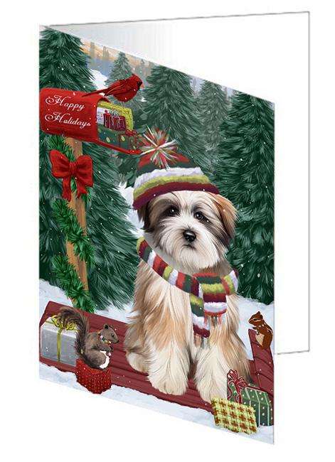 Merry Christmas Woodland Sled Tibetan Terrier Dog Handmade Artwork Assorted Pets Greeting Cards and Note Cards with Envelopes for All Occasions and Holiday Seasons GCD69677