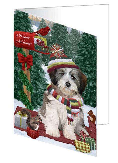 Merry Christmas Woodland Sled Tibetan Terrier Dog Handmade Artwork Assorted Pets Greeting Cards and Note Cards with Envelopes for All Occasions and Holiday Seasons GCD69680