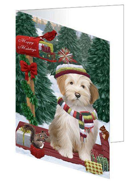 Merry Christmas Woodland Sled Tibetan Terrier Dog Handmade Artwork Assorted Pets Greeting Cards and Note Cards with Envelopes for All Occasions and Holiday Seasons GCD69683