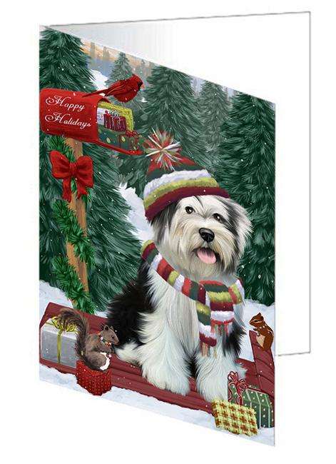 Merry Christmas Woodland Sled Tibetan Terrier Dog Handmade Artwork Assorted Pets Greeting Cards and Note Cards with Envelopes for All Occasions and Holiday Seasons GCD69686
