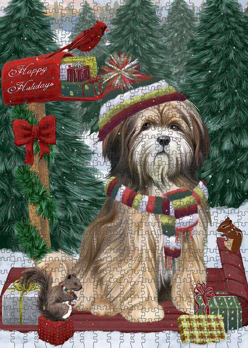 Merry Christmas Woodland Sled Tibetan Terrier Dog Puzzle with Photo Tin PUZL88292