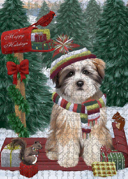 Merry Christmas Woodland Sled Tibetan Terrier Dog Puzzle with Photo Tin PUZL88296