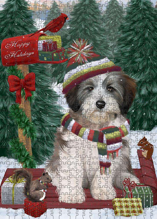 Merry Christmas Woodland Sled Tibetan Terrier Dog Puzzle with Photo Tin PUZL88300
