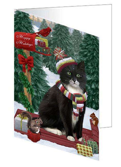 Merry Christmas Woodland Sled Tuxedo Cat Handmade Artwork Assorted Pets Greeting Cards and Note Cards with Envelopes for All Occasions and Holiday Seasons GCD69698