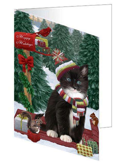 Merry Christmas Woodland Sled Tuxedo Cat Handmade Artwork Assorted Pets Greeting Cards and Note Cards with Envelopes for All Occasions and Holiday Seasons GCD69701