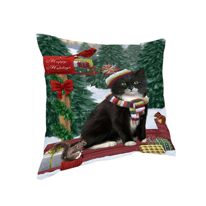 Merry Christmas Woodland Sled Tuxedo Cat Pillow PIL77516