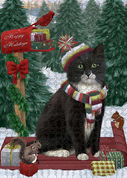 Merry Christmas Woodland Sled Tuxedo Cat Puzzle with Photo Tin PUZL88324