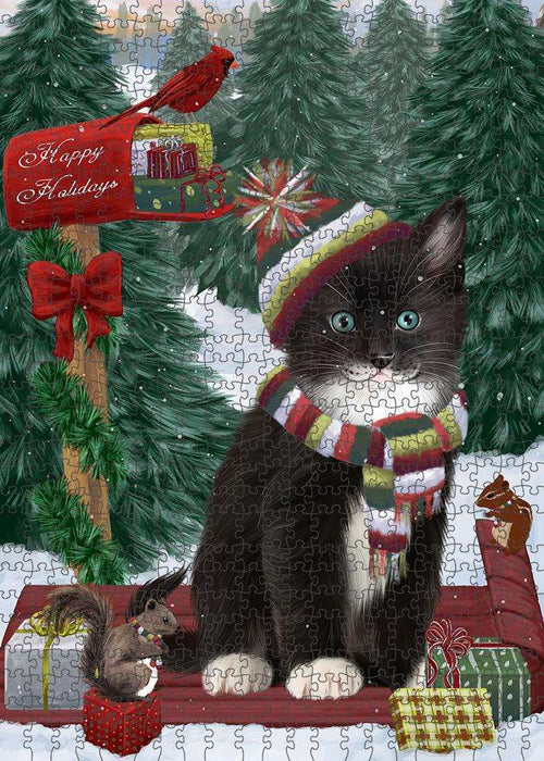 Merry Christmas Woodland Sled Tuxedo Cat Puzzle with Photo Tin PUZL88328