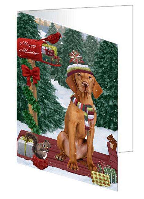 Merry Christmas Woodland Sled Vizsla Dog Handmade Artwork Assorted Pets Greeting Cards and Note Cards with Envelopes for All Occasions and Holiday Seasons GCD69704