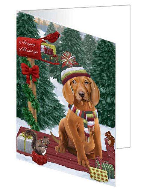 Merry Christmas Woodland Sled Vizsla Dog Handmade Artwork Assorted Pets Greeting Cards and Note Cards with Envelopes for All Occasions and Holiday Seasons GCD69707