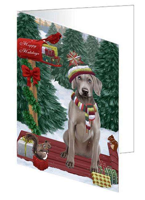 Merry Christmas Woodland Sled Weimaraner Dog Handmade Artwork Assorted Pets Greeting Cards and Note Cards with Envelopes for All Occasions and Holiday Seasons GCD69710