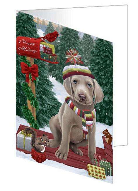 Merry Christmas Woodland Sled Weimaraner Dog Handmade Artwork Assorted Pets Greeting Cards and Note Cards with Envelopes for All Occasions and Holiday Seasons GCD69713