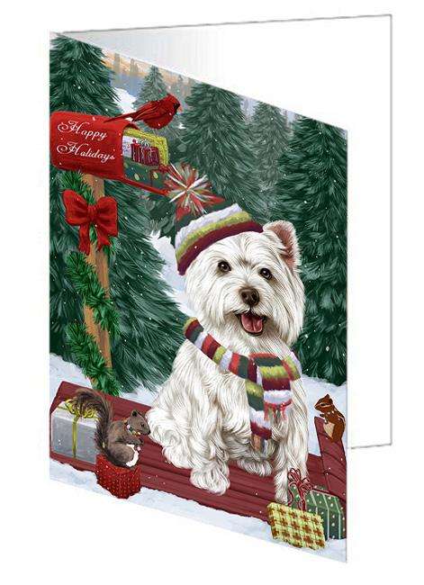 Merry Christmas Woodland Sled West Highland Terrier Dog Handmade Artwork Assorted Pets Greeting Cards and Note Cards with Envelopes for All Occasions and Holiday Seasons GCD69716