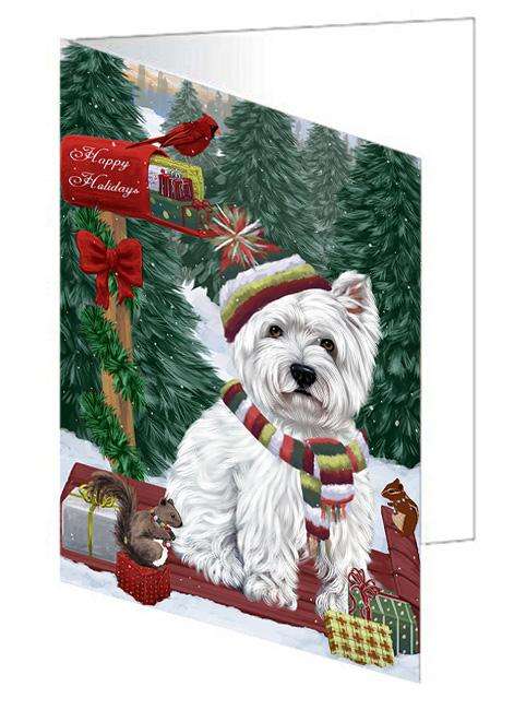 Merry Christmas Woodland Sled West Highland Terrier Dog Handmade Artwork Assorted Pets Greeting Cards and Note Cards with Envelopes for All Occasions and Holiday Seasons GCD69719