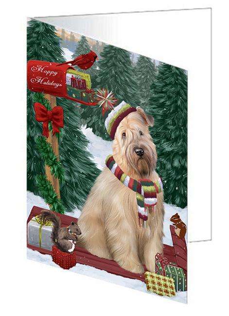 Merry Christmas Woodland Sled Wheaten Terrier Dog Handmade Artwork Assorted Pets Greeting Cards and Note Cards with Envelopes for All Occasions and Holiday Seasons GCD69722