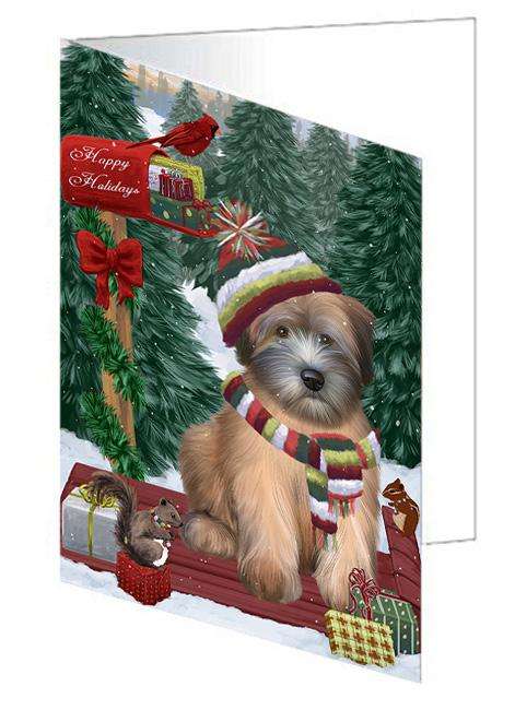 Merry Christmas Woodland Sled Wheaten Terrier Dog Handmade Artwork Assorted Pets Greeting Cards and Note Cards with Envelopes for All Occasions and Holiday Seasons GCD69725