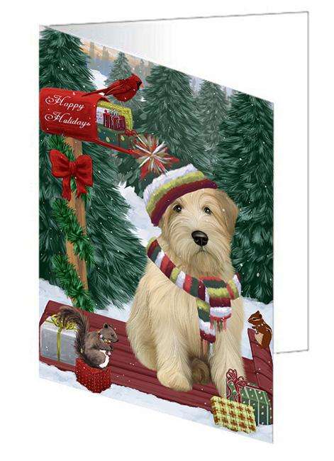 Merry Christmas Woodland Sled Wheaten Terrier Dog Handmade Artwork Assorted Pets Greeting Cards and Note Cards with Envelopes for All Occasions and Holiday Seasons GCD69728
