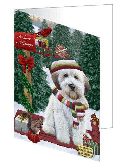 Merry Christmas Woodland Sled Wheaten Terrier Dog Handmade Artwork Assorted Pets Greeting Cards and Note Cards with Envelopes for All Occasions and Holiday Seasons GCD69731