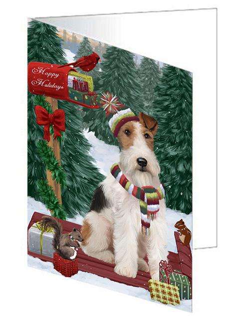 Merry Christmas Woodland Sled Wire Fox Terrier Dog Handmade Artwork Assorted Pets Greeting Cards and Note Cards with Envelopes for All Occasions and Holiday Seasons GCD69734