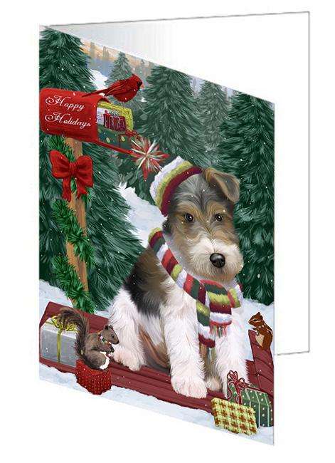 Merry Christmas Woodland Sled Wire Fox Terrier Dog Handmade Artwork Assorted Pets Greeting Cards and Note Cards with Envelopes for All Occasions and Holiday Seasons GCD69737