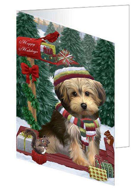 Merry Christmas Woodland Sled Yorkipoo Dog Handmade Artwork Assorted Pets Greeting Cards and Note Cards with Envelopes for All Occasions and Holiday Seasons GCD69743