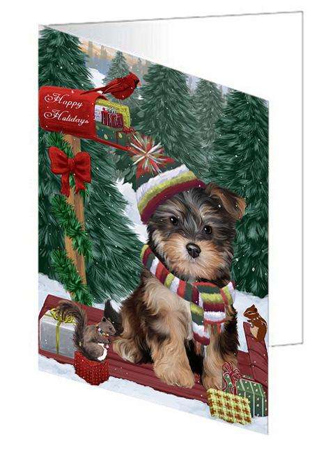 Merry Christmas Woodland Sled Yorkipoo Dog Handmade Artwork Assorted Pets Greeting Cards and Note Cards with Envelopes for All Occasions and Holiday Seasons GCD69746