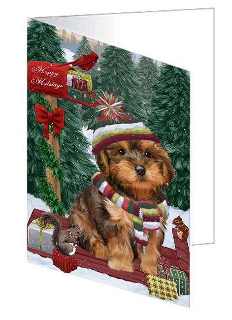 Merry Christmas Woodland Sled Yorkipoo Dog Handmade Artwork Assorted Pets Greeting Cards and Note Cards with Envelopes for All Occasions and Holiday Seasons GCD69749
