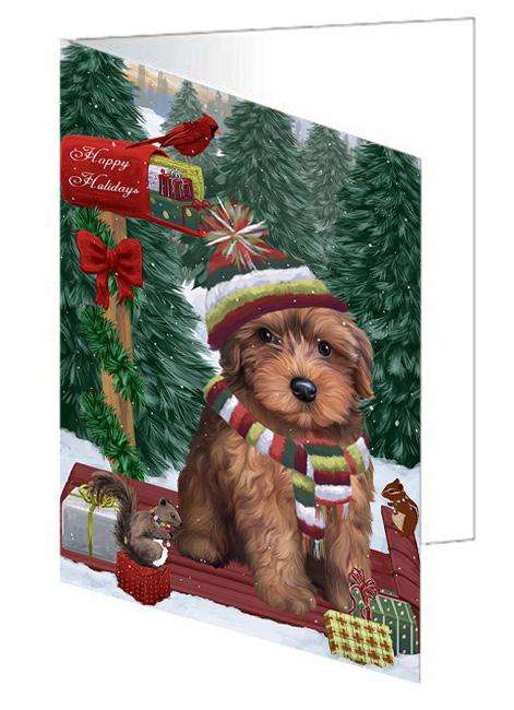 Merry Christmas Woodland Sled Yorkipoo Dog Handmade Artwork Assorted Pets Greeting Cards and Note Cards with Envelopes for All Occasions and Holiday Seasons GCD69752