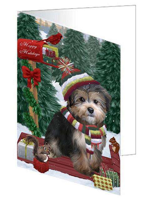 Merry Christmas Woodland Sled Yorkipoo Dog Handmade Artwork Assorted Pets Greeting Cards and Note Cards with Envelopes for All Occasions and Holiday Seasons GCD69755