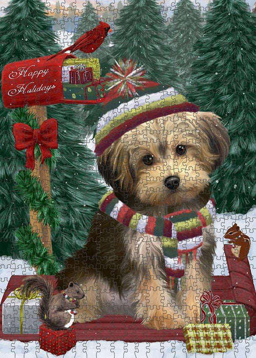 Merry Christmas Woodland Sled Yorkipoo Dog Puzzle with Photo Tin PUZL88384