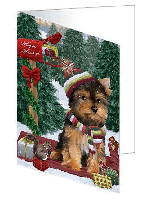 Merry Christmas Woodland Sled Yorkshire Terrier Dog Handmade Artwork Assorted Pets Greeting Cards and Note Cards with Envelopes for All Occasions and Holiday Seasons GCD69758