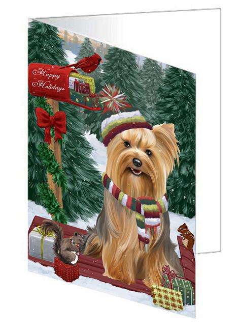 Merry Christmas Woodland Sled Yorkshire Terrier Dog Handmade Artwork Assorted Pets Greeting Cards and Note Cards with Envelopes for All Occasions and Holiday Seasons GCD69761